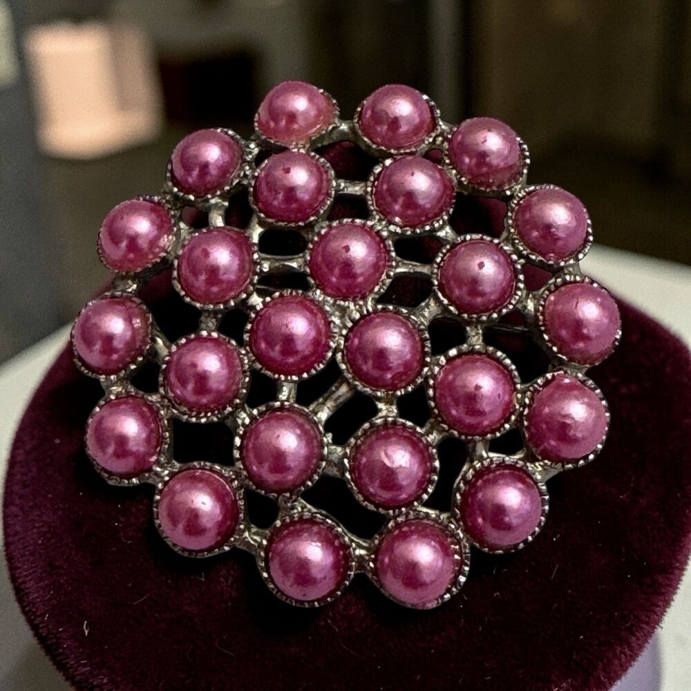 Vintage Pink Faux Pearl Cluster Brooch 1.5” Silver Tone Statement Pin